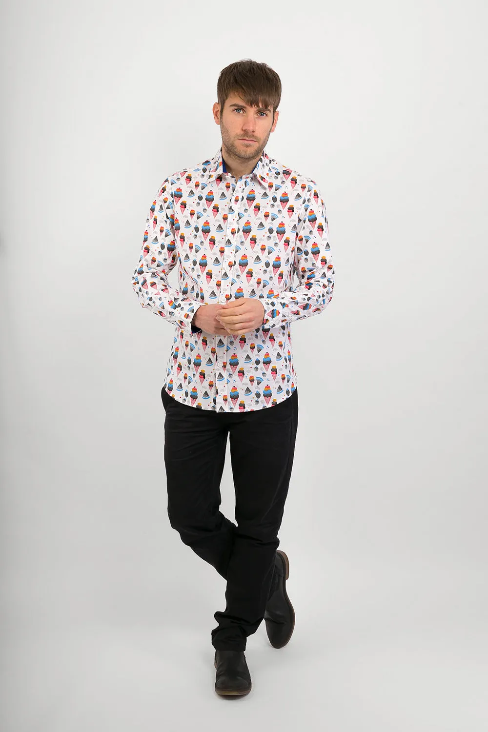 Ice Cream Print Cotton Slim Fit Mens Shirt Long Sleeve