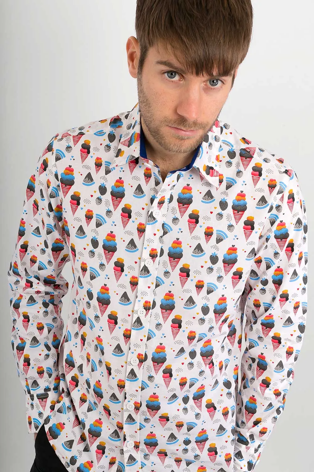 Ice Cream Print Cotton Slim Fit Mens Shirt Long Sleeve