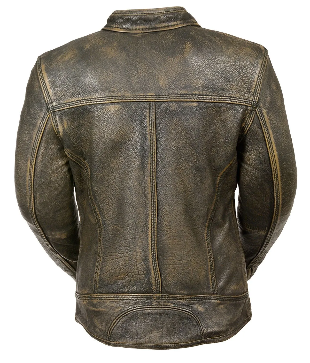 Ladies Distressed Brown Leather Scooter Jacket w/ Triple Stitch Detailing Motorcycle Jacket