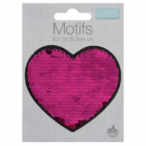 Pink Heart Sequin- Iron -On & Sew-On Patch  (Flip Sequin Motif)