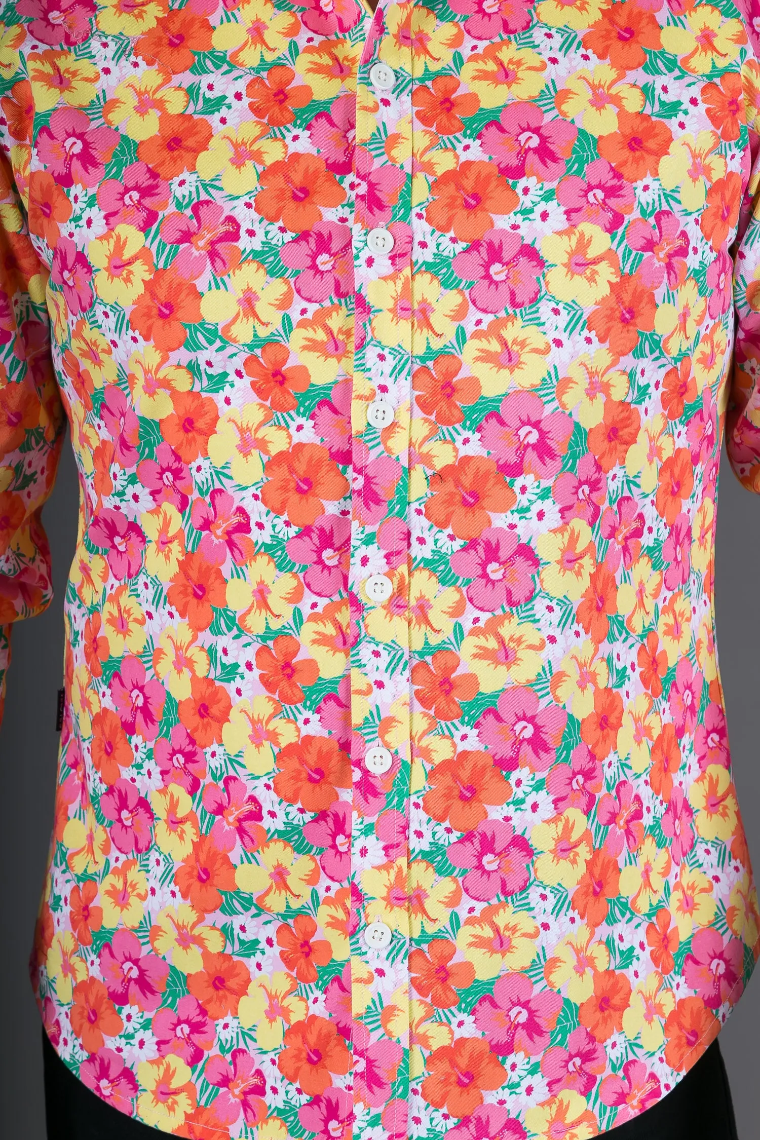 Pink Yellow Floral Print Heavy Cotton Slim Fit Mens Shirt Long Sleeve