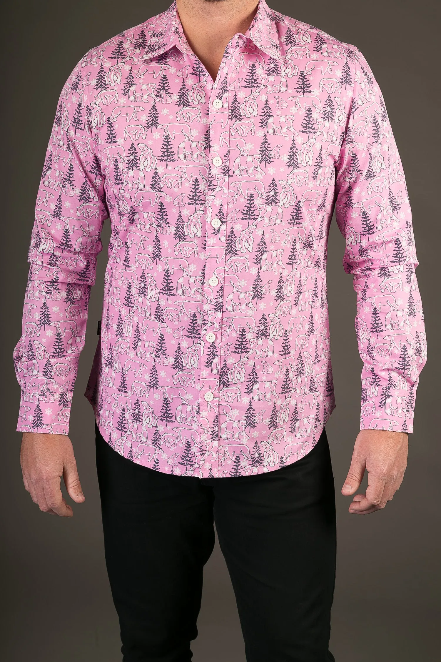 Polar Bear Pink Print Cotton Slim Fit Mens Shirt Long Sleeve