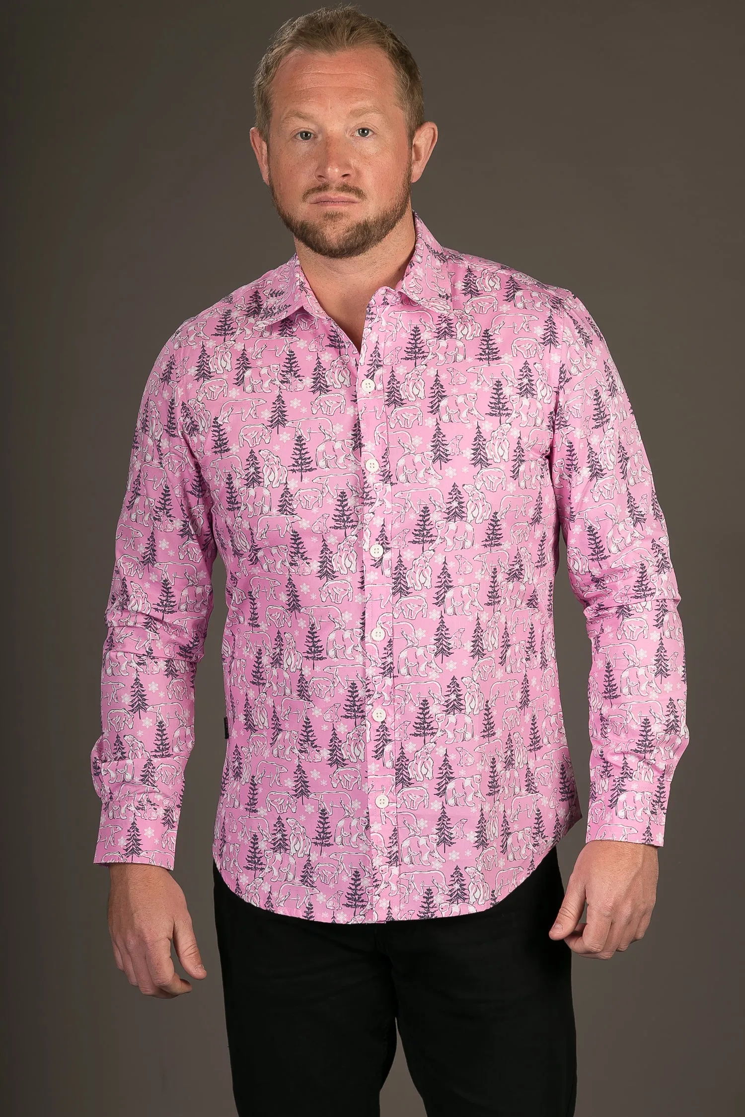 Polar Bear Pink Print Cotton Slim Fit Mens Shirt Long Sleeve