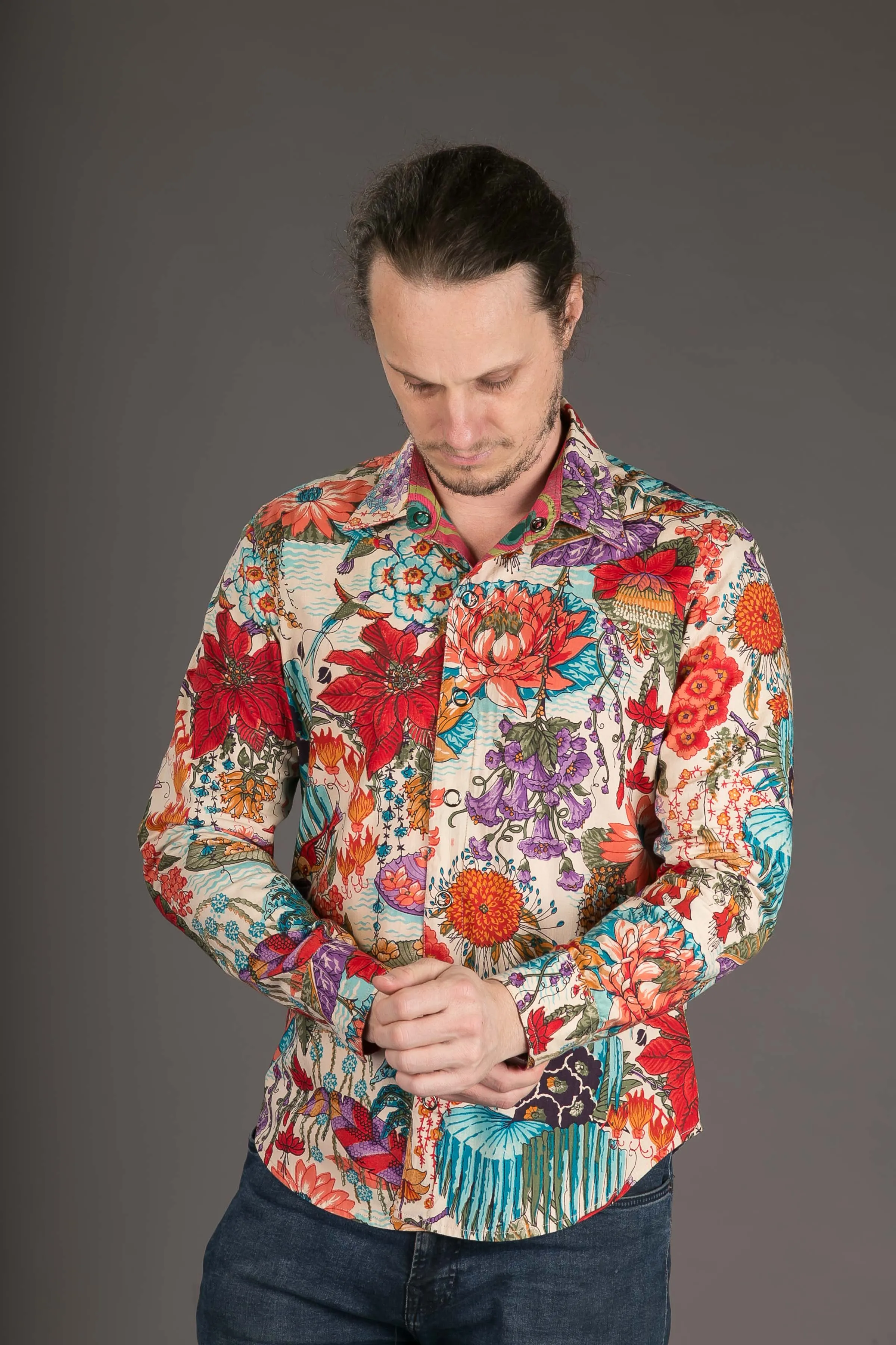 Reversible Floral Peacock Print Cotton Slim Fit Shirt