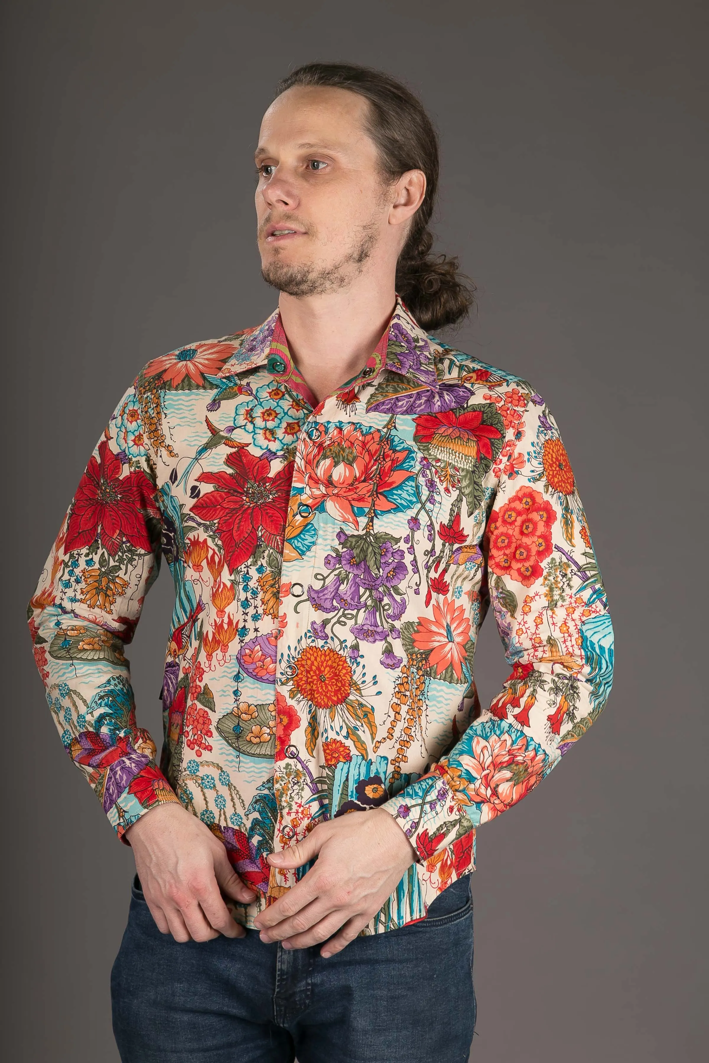 Reversible Floral Peacock Print Cotton Slim Fit Shirt