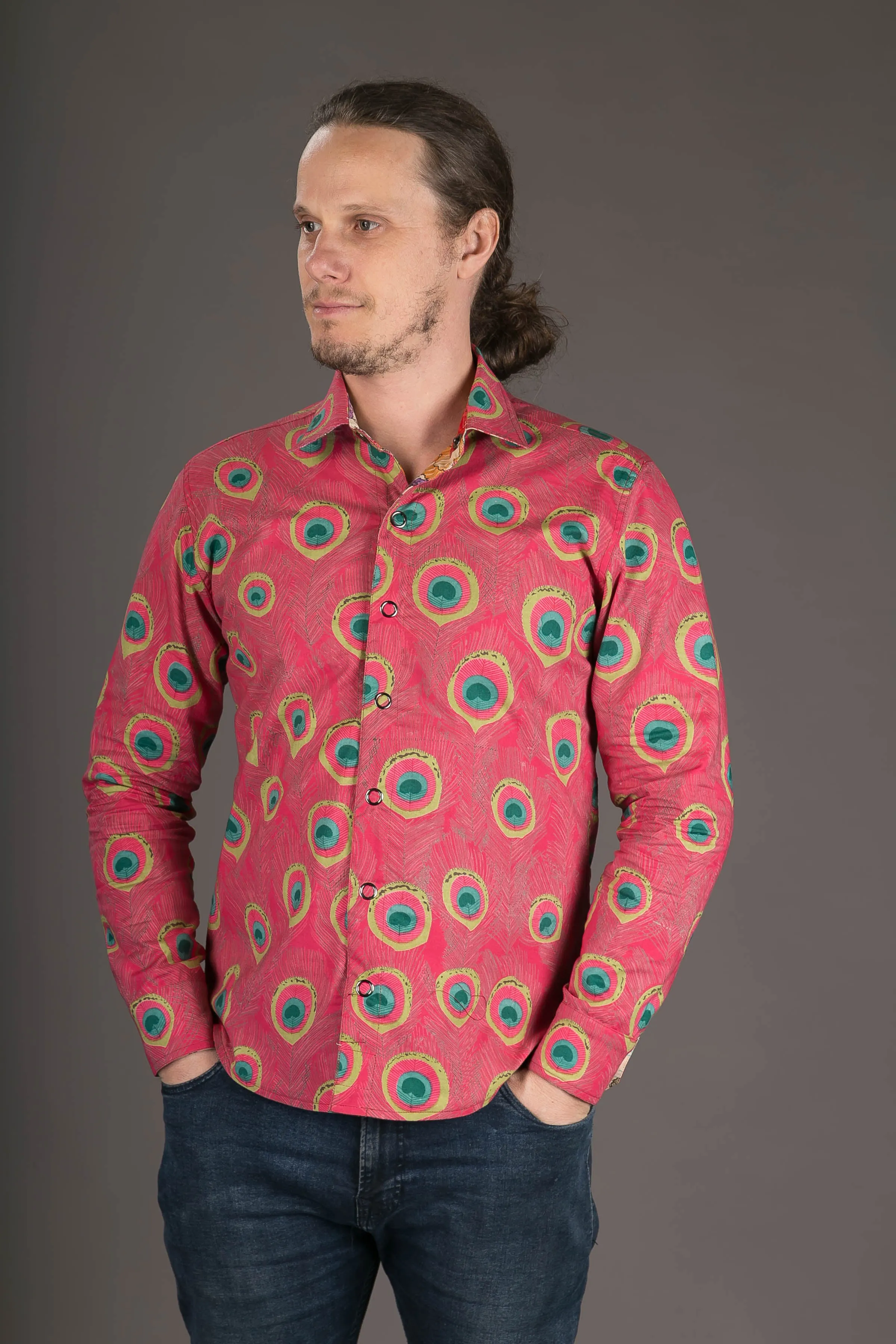 Reversible Floral Peacock Print Cotton Slim Fit Shirt