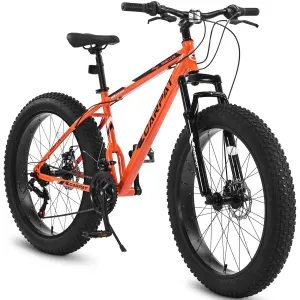 S26109 Elecony 26 Inch Fat Tire Bike Adult/Youth Full Shimano 21 Speed Mountain Bike, Dual Disc Brake, High-Carbon Steel Frame, Front Suspension, Mountain Trail Bike, Urban Commuter City Bicycle