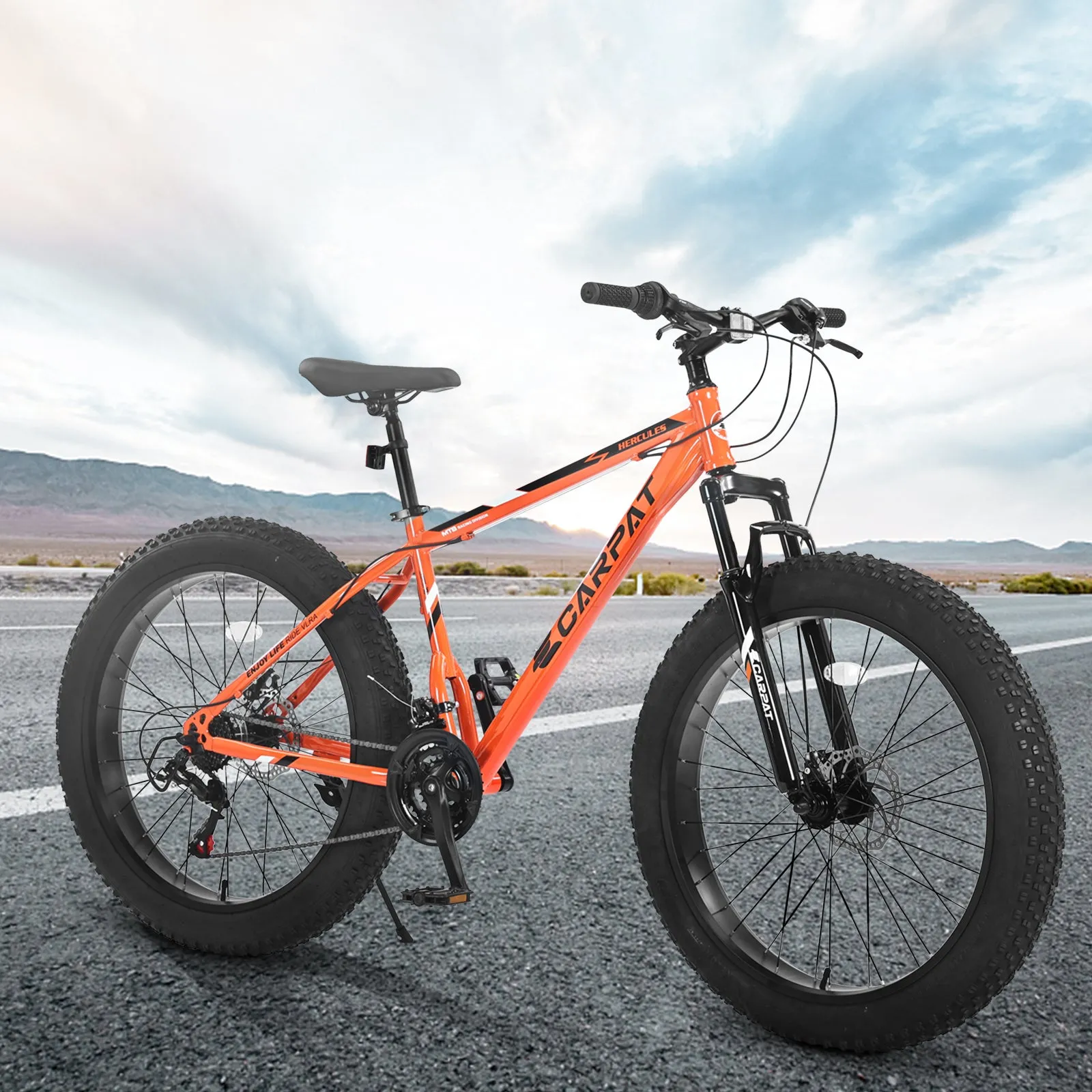 S26109 Elecony 26 Inch Fat Tire Bike Adult/Youth Full Shimano 21 Speed Mountain Bike, Dual Disc Brake, High-Carbon Steel Frame, Front Suspension, Mountain Trail Bike, Urban Commuter City Bicycle