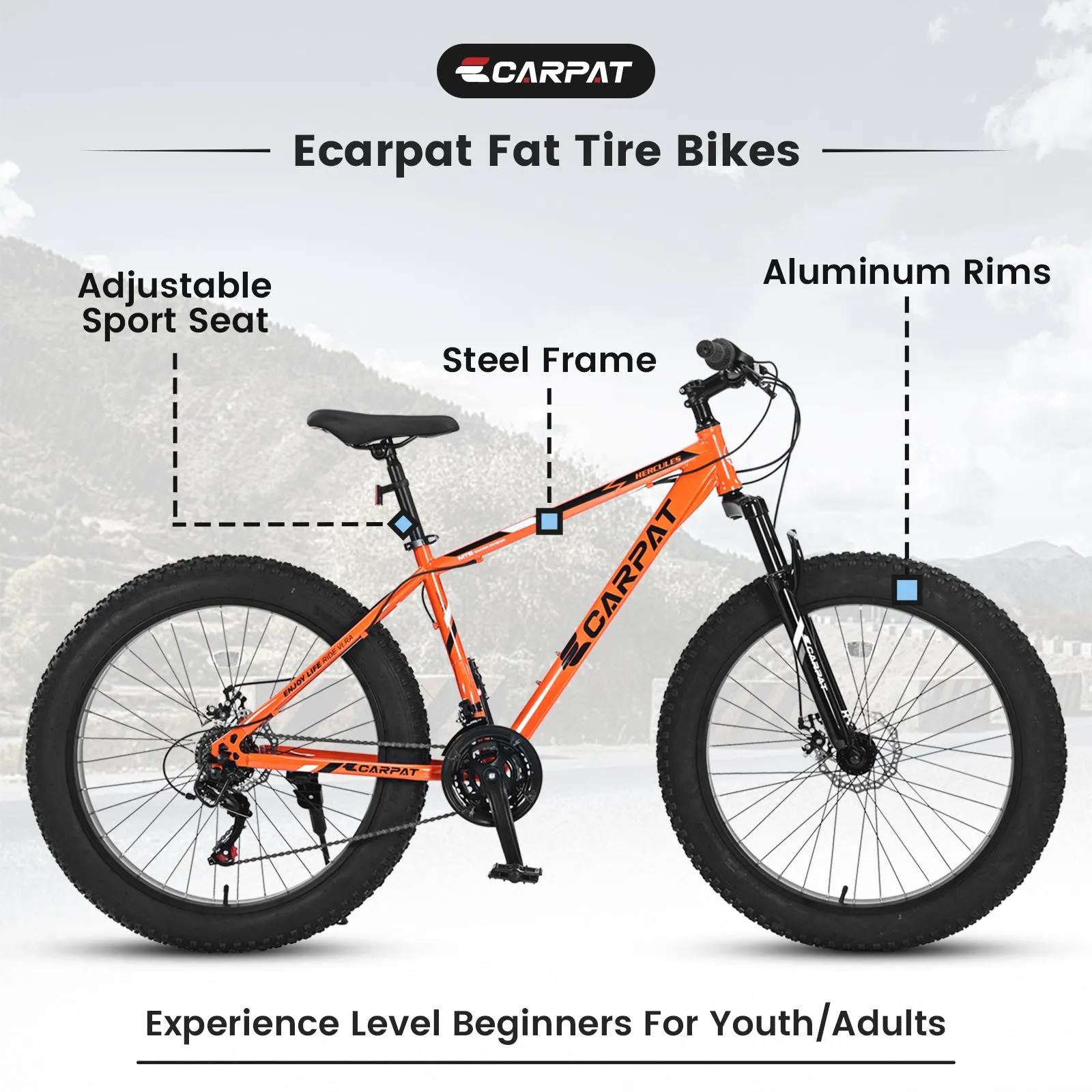 S26109 Elecony 26 Inch Fat Tire Bike Adult/Youth Full Shimano 21 Speed Mountain Bike, Dual Disc Brake, High-Carbon Steel Frame, Front Suspension, Mountain Trail Bike, Urban Commuter City Bicycle