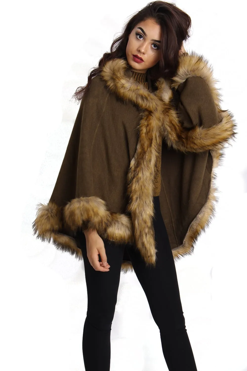 Short Poncho Cape with Faux Fur Hood Cuffs and Trim