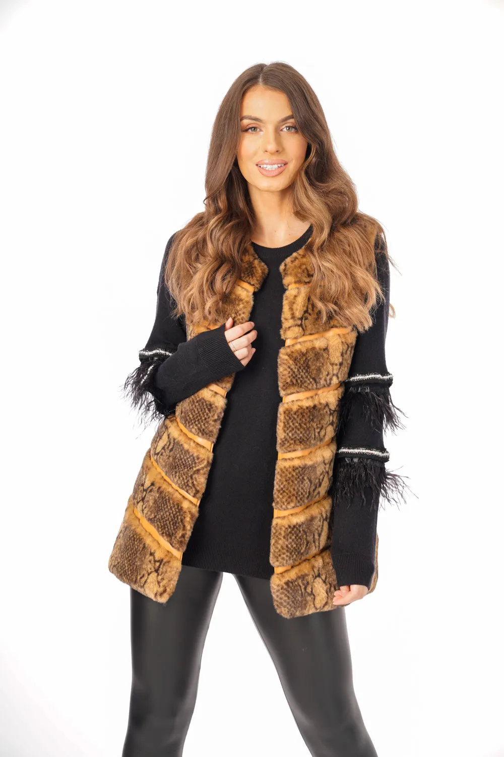 Snake Print Chevron Soft Faux Fur Leather Panel Gilet