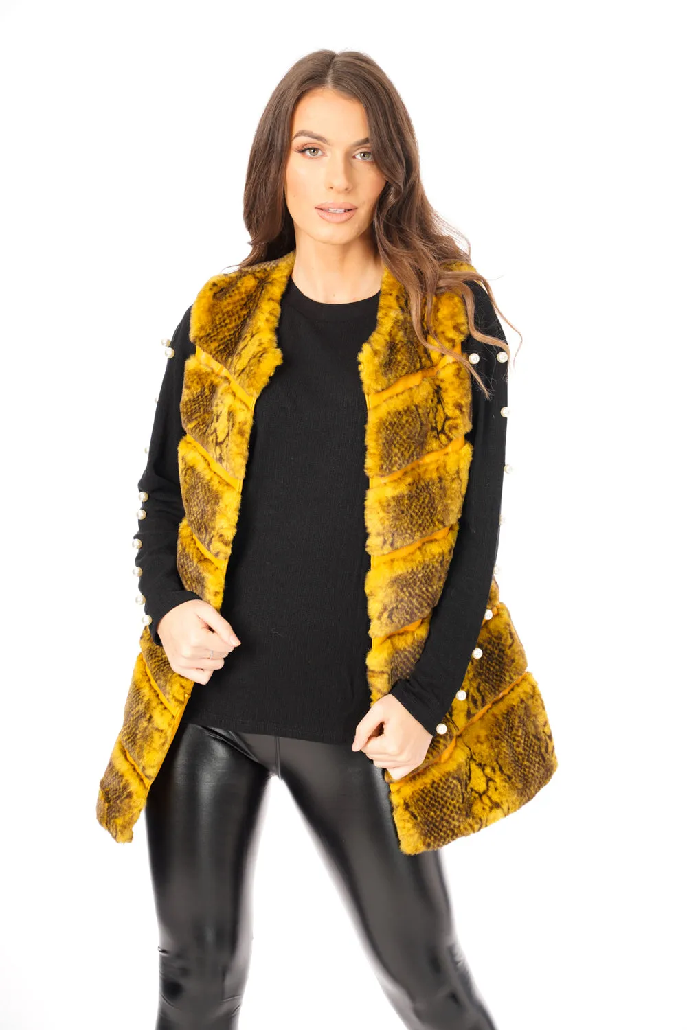 Snake Print Chevron Soft Faux Fur Leather Panel Gilet