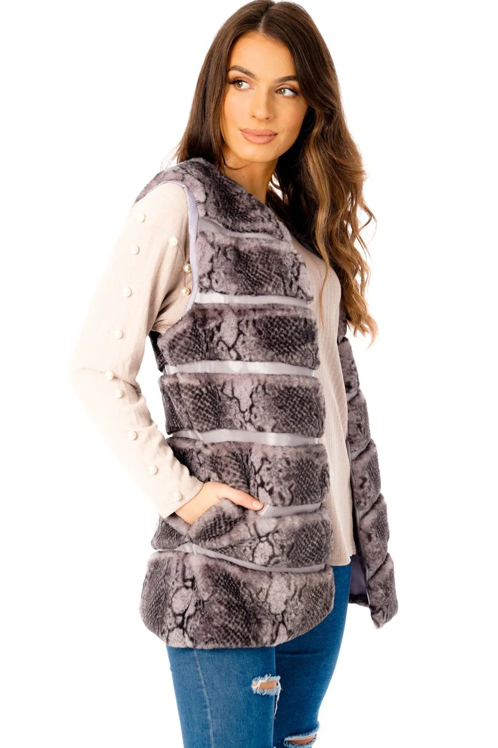 Snake Print Chevron Soft Faux Fur Leather Panel Gilet