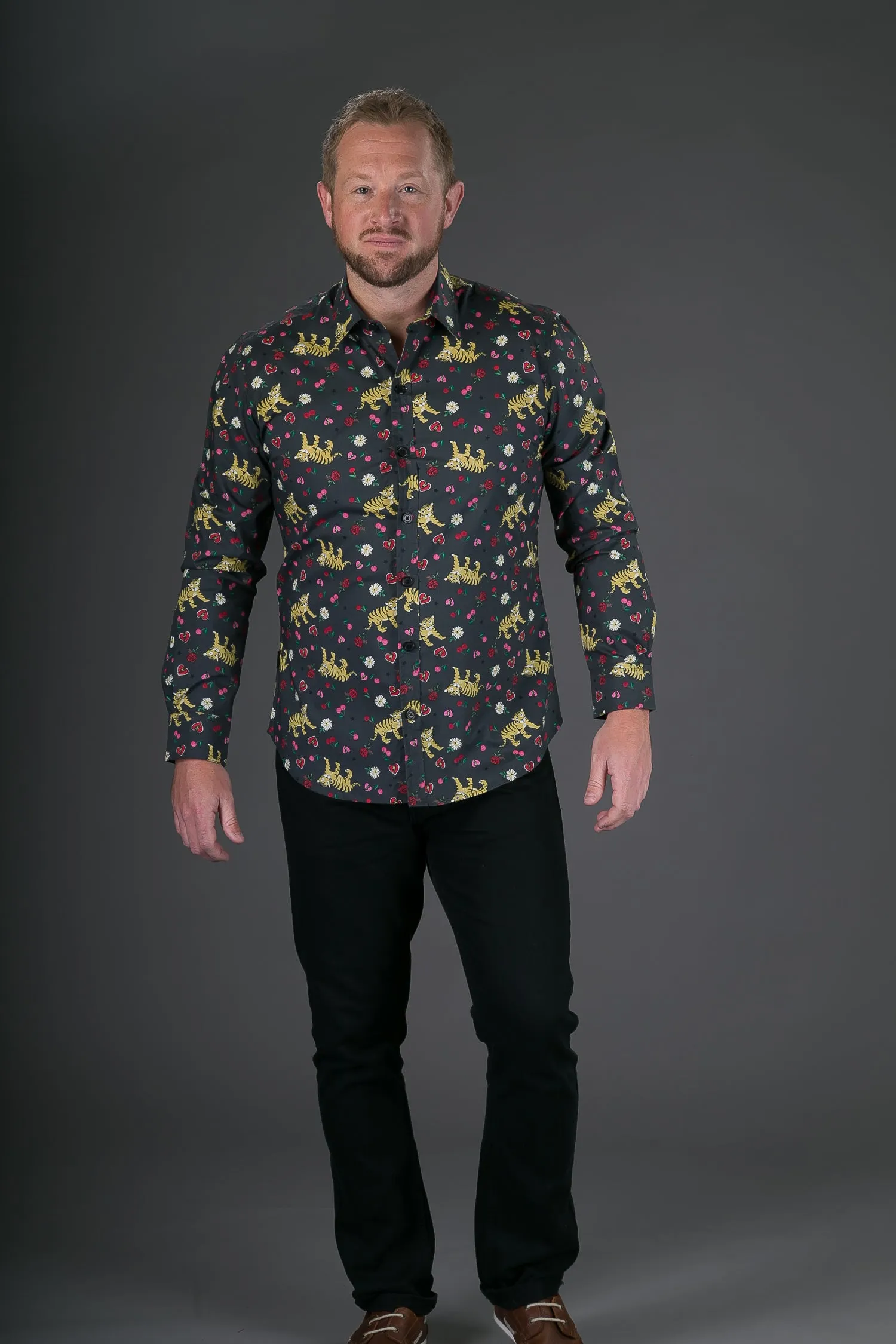 Tiger Heart Print Cotton Slim and Regular Fit Mens Shirt Long Sleeve