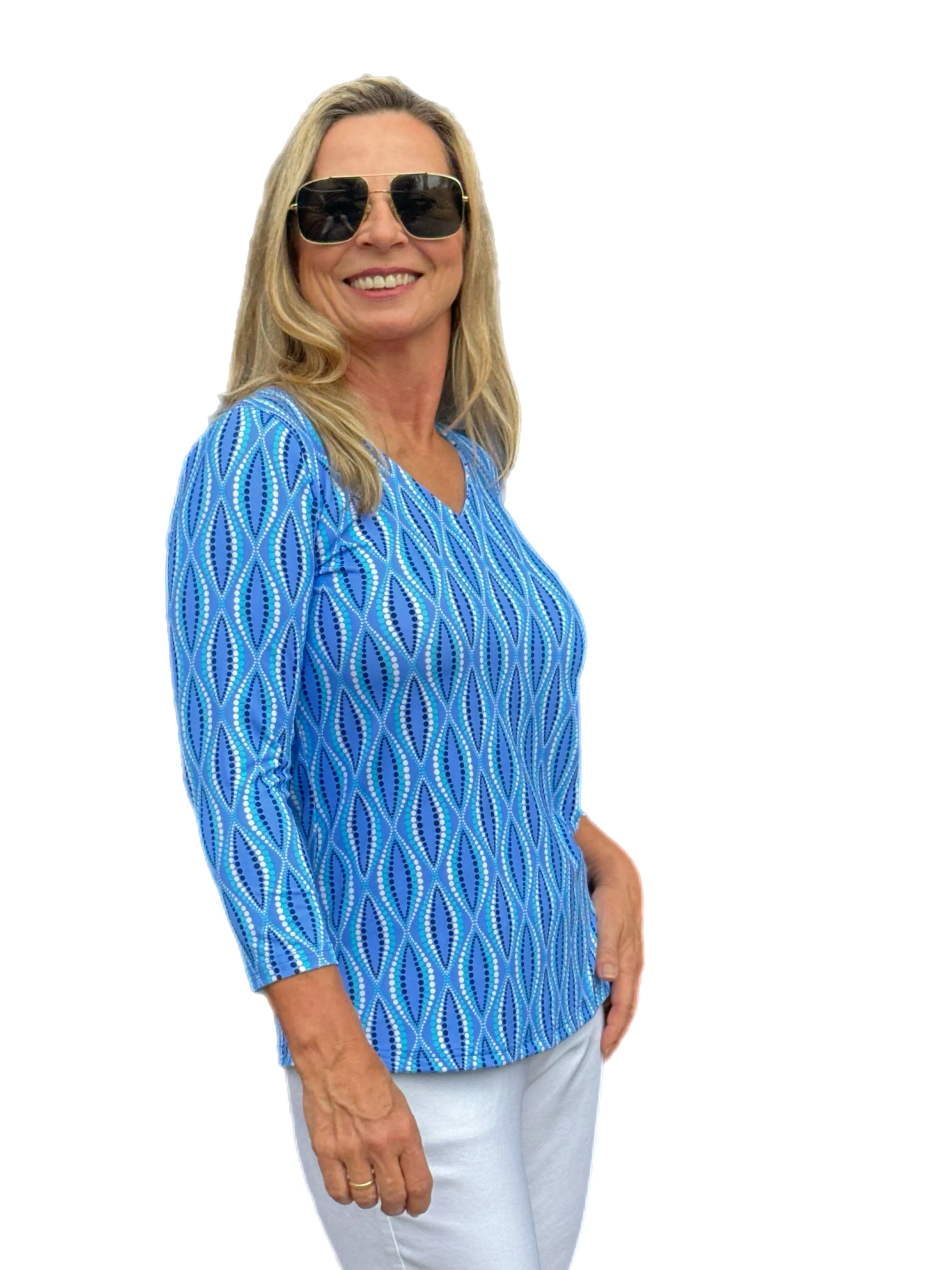 V-Neck Top with UPF50  Blue Waves