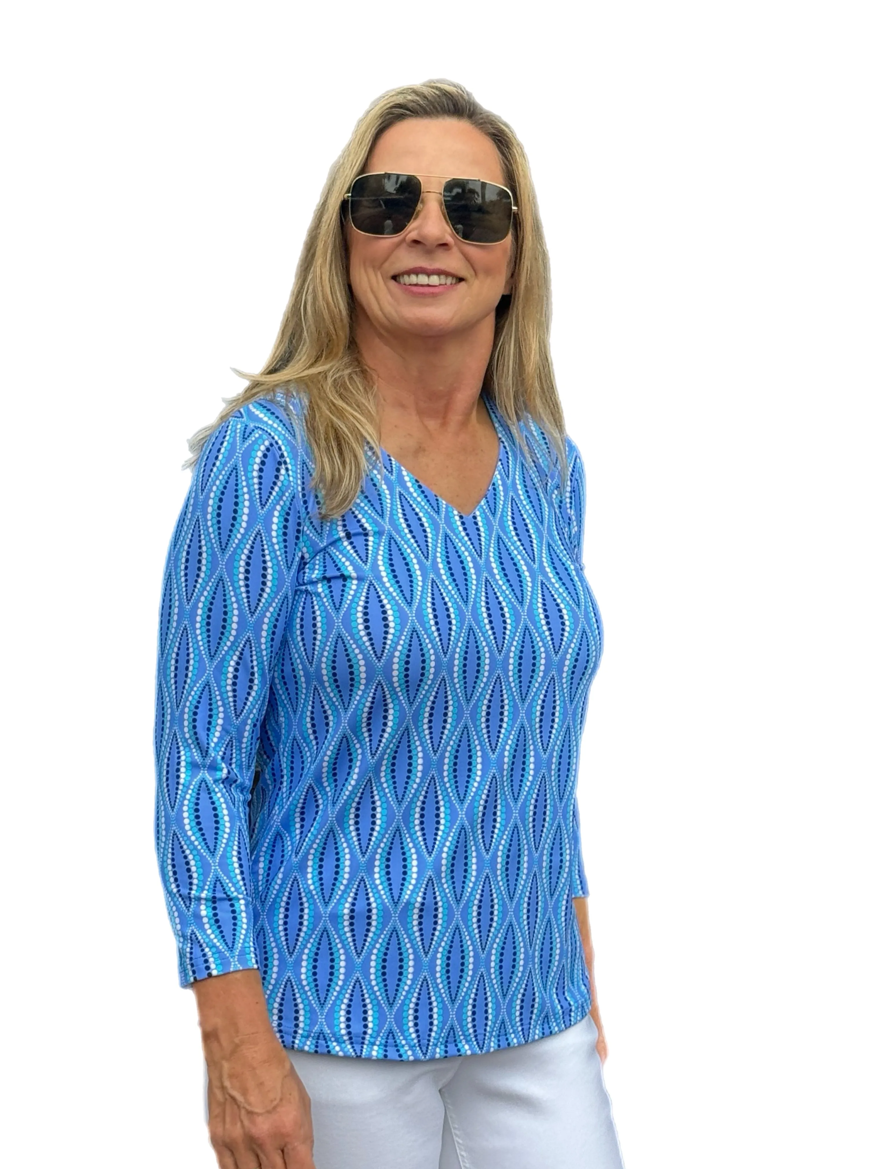 V-Neck Top with UPF50  Blue Waves