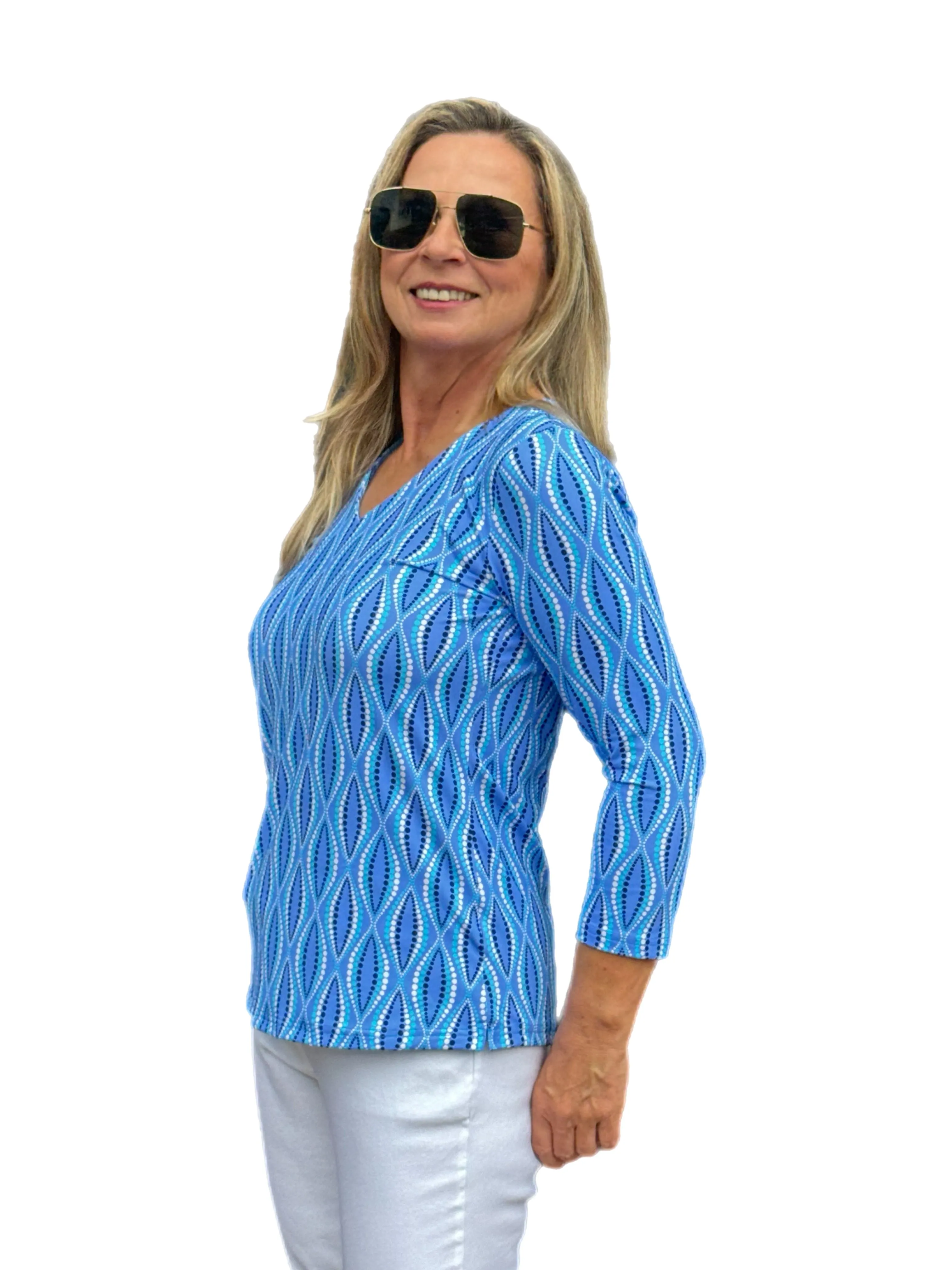 V-Neck Top with UPF50  Blue Waves