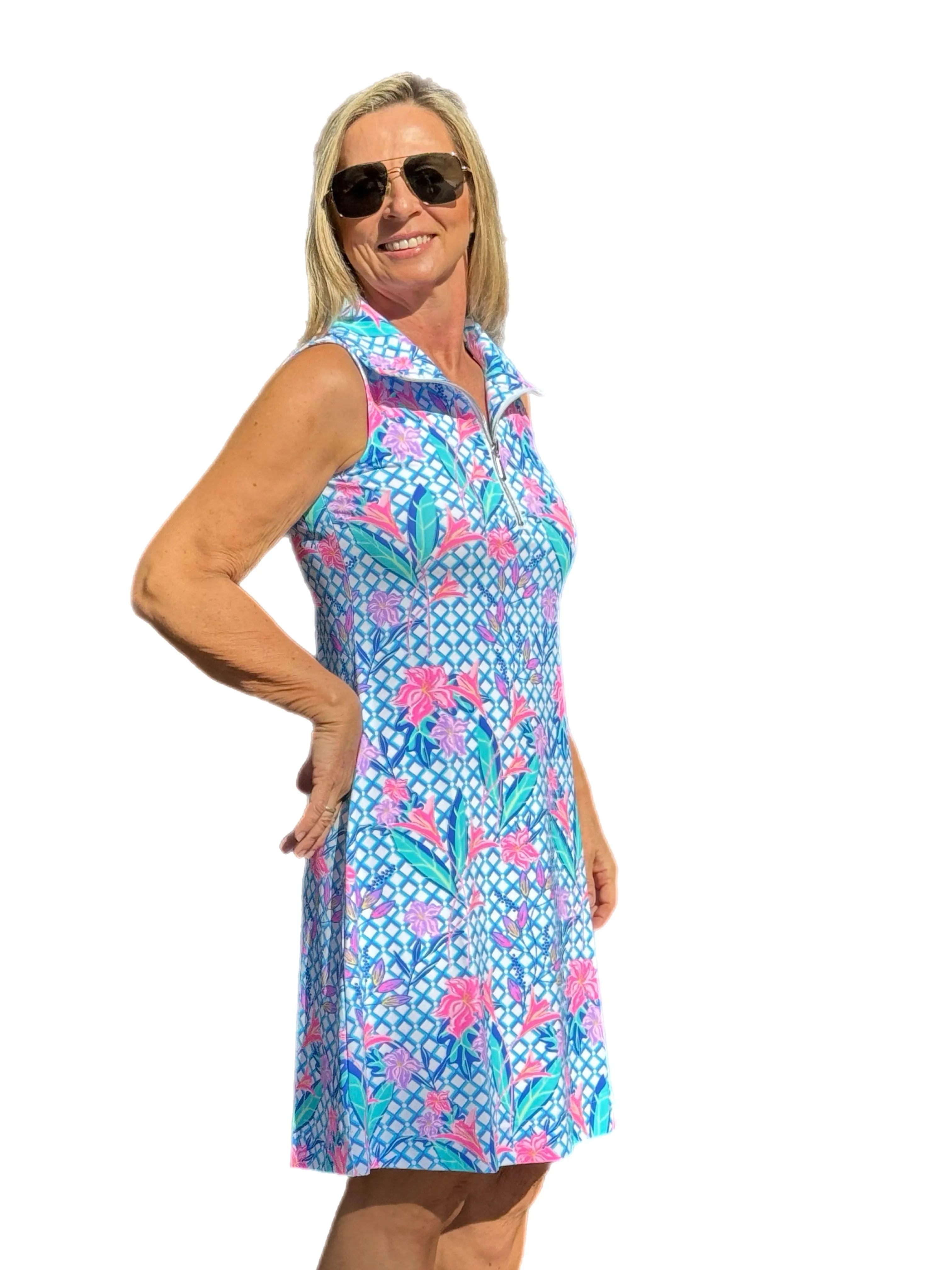 Zipper Swing Dress with UPF50  Pink Lillies