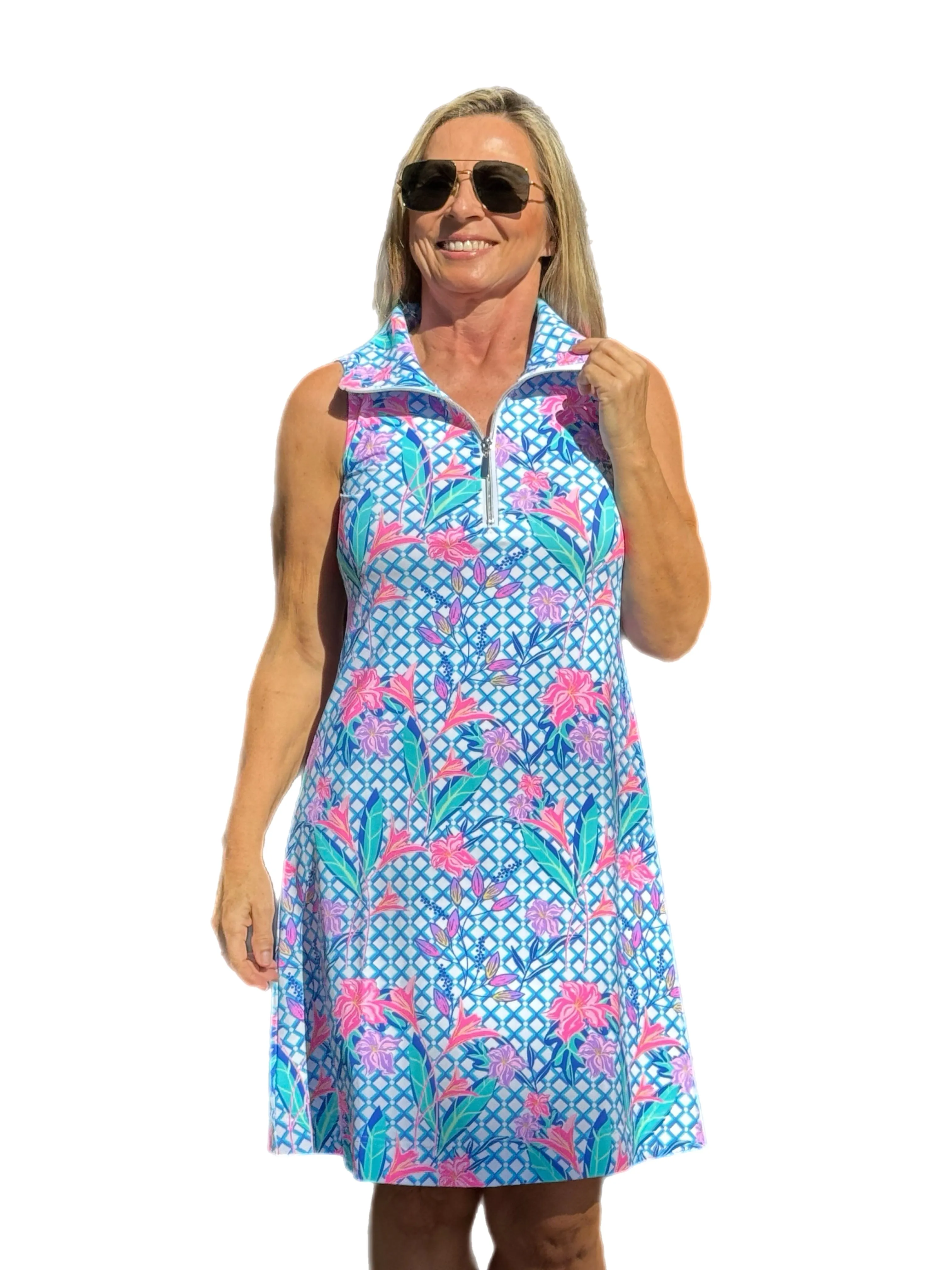 Zipper Swing Dress with UPF50  Pink Lillies